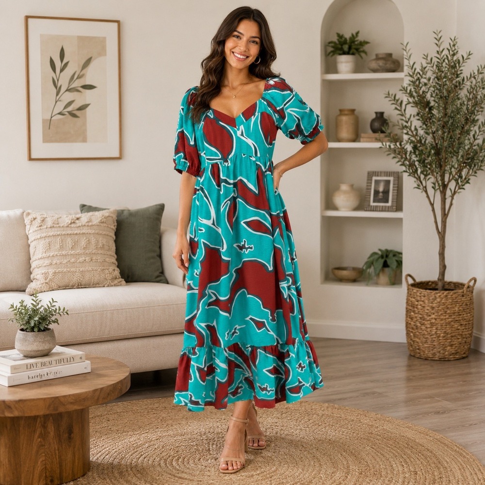 NWT Nine West Tropical Maxi Dress Coastal Resort Puff Sleeve Boho Cottagecore XL